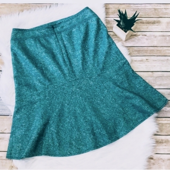 LOFT Teal Tweed Fit & Flare Ruffle Wool Silk Blend Skirt Women's 0 Career EUC - Picture 3 of 8